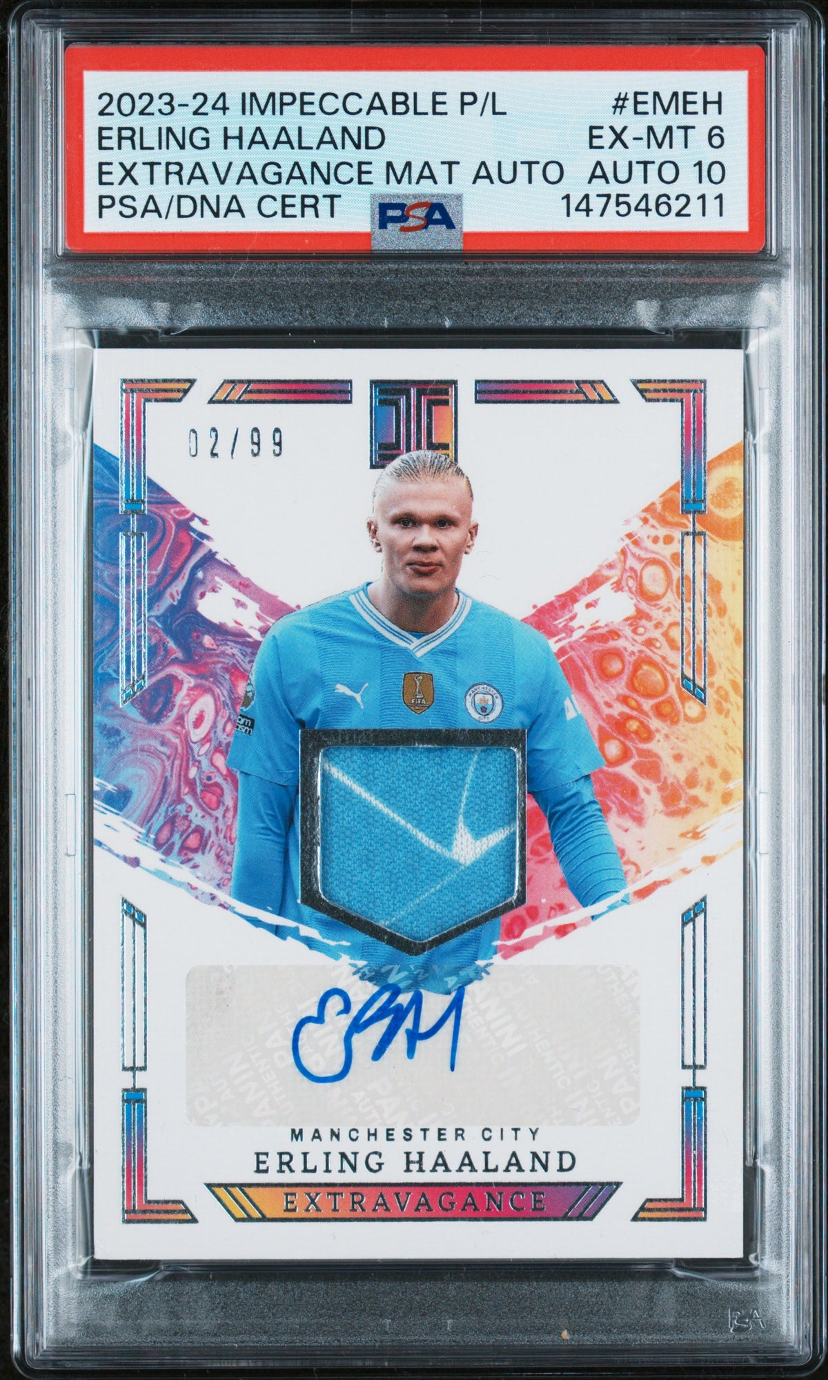 2023-24 PANINI IMPECCABLE PREMIER LEAGUE EXTRAVAGANCE MATERIALS AUTOGRAPHS #EMEH ERLING HAALAND EXTRAVAGANCE MAT AUTO PSA 6