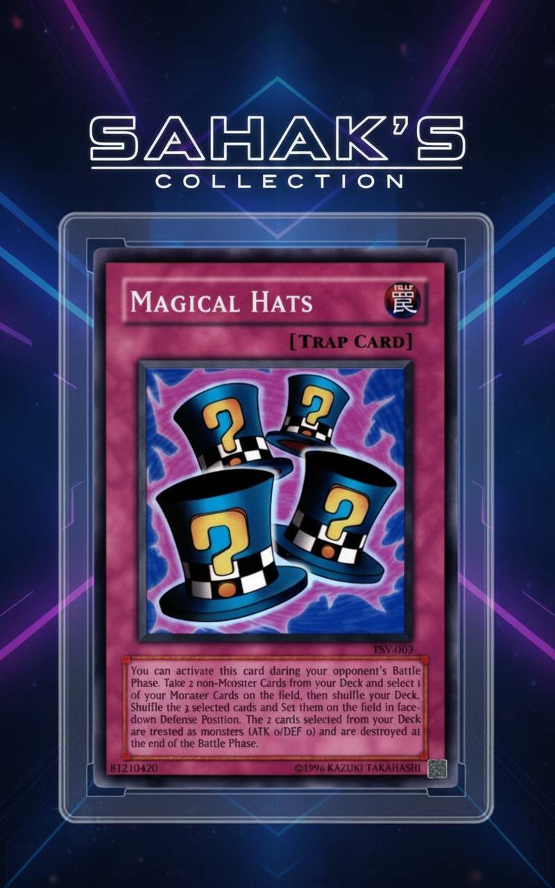 Trading card featuring 'Magical Hats' from Yu-Gi-Oh! with a PSA grading label on top. Sahak's Collection