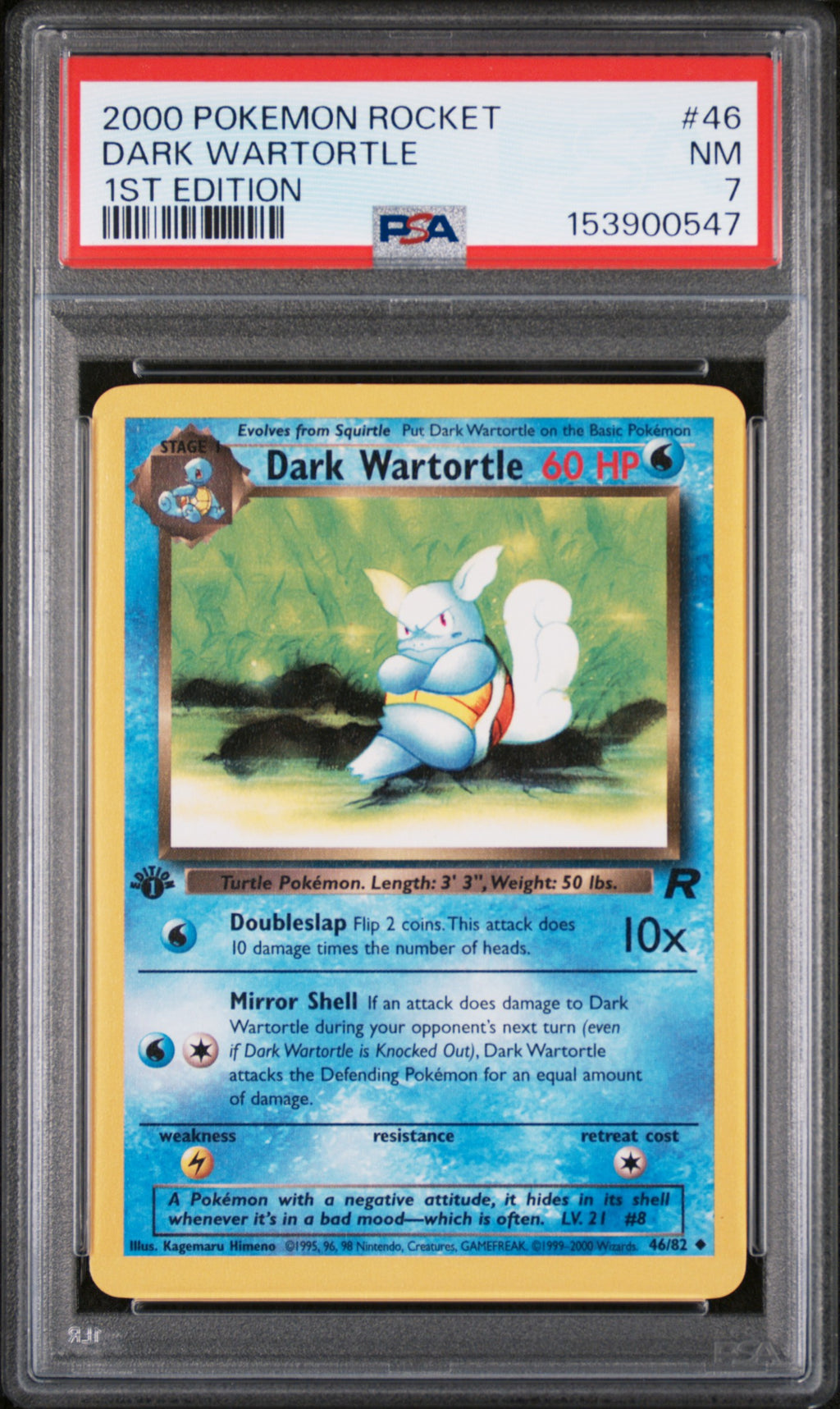 2000 Pokémon Team Rocket 1st Edition Dark Wartortle #46/82, PSA 7 (NM)
