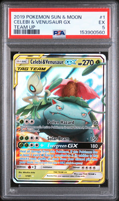 2019 POKEMON SUN & MOON TEAM UP #1 CELEBI & VENUSAUR GX PSA 5