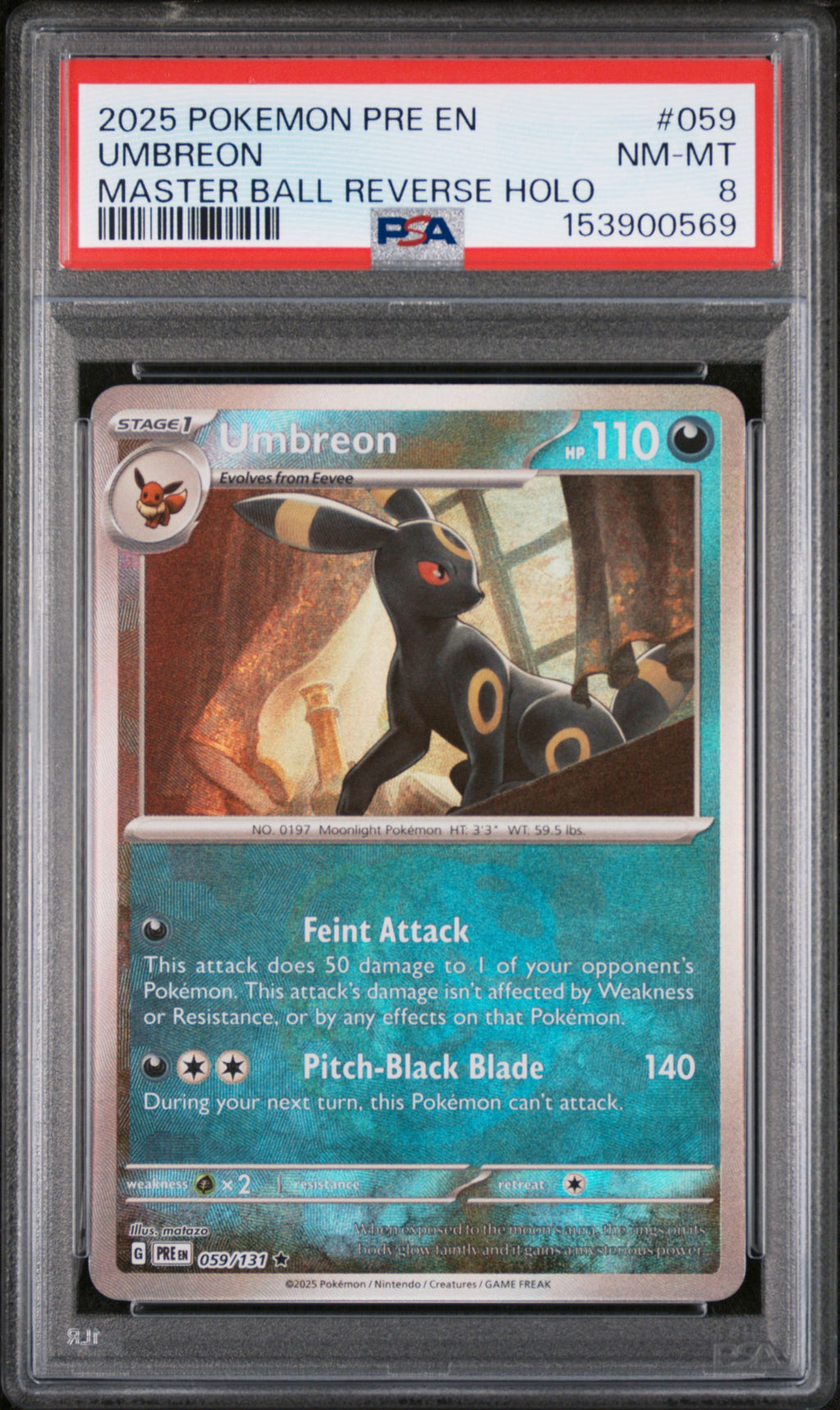 A PSA graded 2025 Pokémon Pre-Endering Umbreon holographic trading card, graded NM-MT 8, sealed in a protective PSA holder.